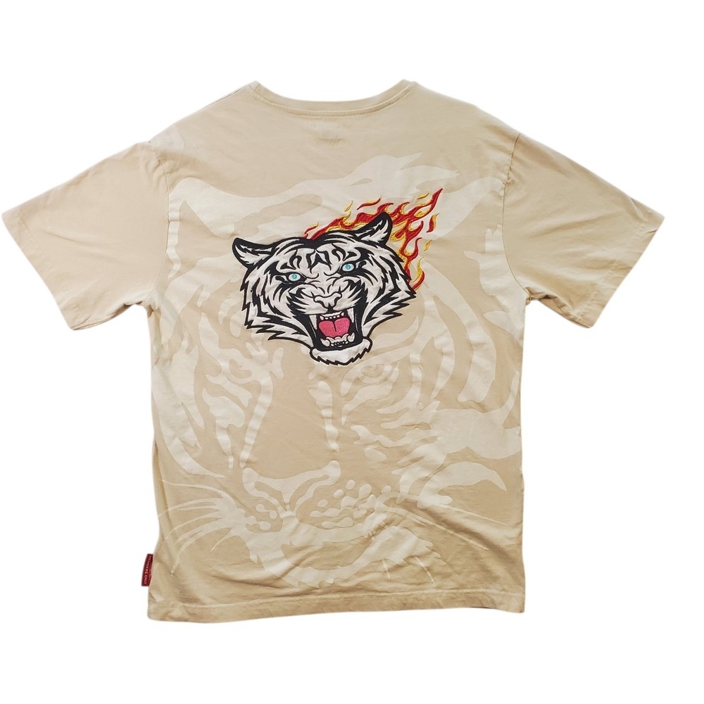 Members Only T-Shirt Mens XL Beige Tiger Flame Graphic Embroidered Crew Neck Tee